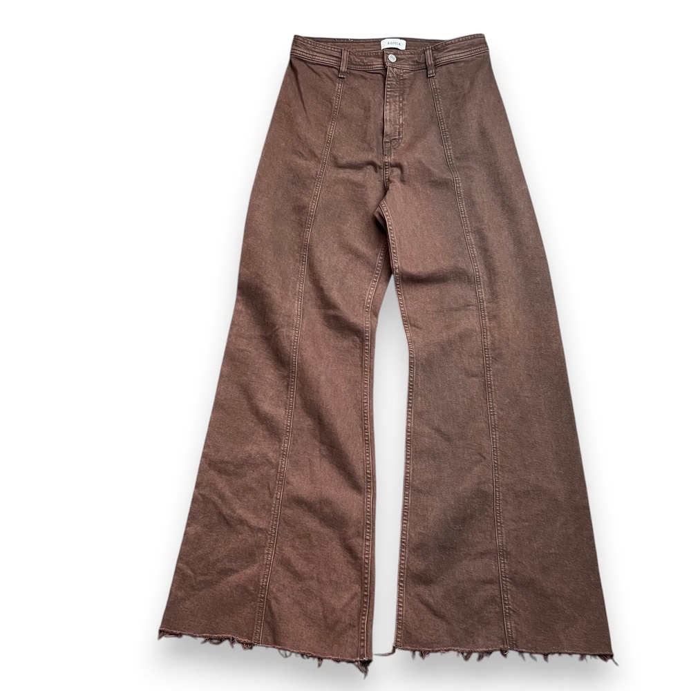 Pistola Penny High Rise Wide Leg Brown Flare Jeans Size 29 Raw Hem Seamed